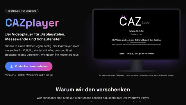 CAZplayer auf einem Bildschirm: Videoplayer für Infostelen und Schaufenster