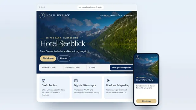 Beispielentwurf einer Hotelwebsite auf Boarisch mit Bergsee, Buchungsleiste und Telefonansicht